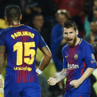 Messi celebra el segundo gol del Barça a Olympiacos. A. GARCÍA