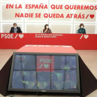 Imagen de la reunión de la Ejecutiva del PSOE tras la que Ábalos hizo las declaraciones. INMA MESA