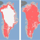 Imágenes de la NASA que muestran en rosa; la superficie del deshielo en Groenlandia el 8 de julio (izquierda) y el 12 de julio (derecha).