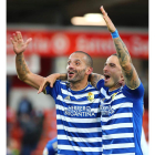 Yuri y Ríos Reina, celebrando el triunfo logrado en Lugo por 1-2 en la primera semana del mes de noviembre. L. DE LA MATA