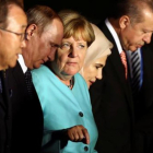 De izquierda a derecha, Ban Ki-moon, Vladímir Putin, Angela Merkel, Emine Erdogan y Recep Tayyip Erdogan.