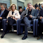 El presidente de la CEOE, Juan Rosell; la ministra de Empleo, Fátima Báñez; y los secretarios generales de CCOO, Unai Sordo y de UGT, Pepe Álvarez, durante el acto de presentación de un libro de la Organización Internacional del Trabajo, el pasado enero.