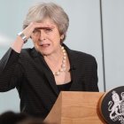 La primera ministra del Reino Unido, Theresa May, ofreció ayer un discurso en Belfast. AIDAN CRAWLEY