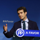 El vicesecretario general del PP, Pablo Casado, este martes en la sede central de su partido tras participar en el comité de dirección popular