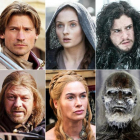 De arriba a abajo, y de izquierda a derecha, Daenerys Targaryen, Jaime Lannister, Sansa Stark, Jon Nieve, Arya Stark, Tyrion Lannister, Edduard Stark, Cersei Lannister, un caminante blanco y la 'bruja roja', Melissandre.