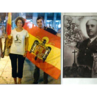 Pilar Gutiérrez, primera por la izquierda, en una manifestación franquista en Madrid en 2015. A la derecha, la estampita o logotipo con que ilustran los testimonios que recoge la postulación en favor de la canonización de Franco.