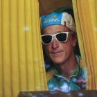 Gasparotto, el día de la presentación de la vuelta, en el autobús del equipo Astana.