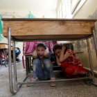 Niños sirios de una localidad de la provincia de idlib durante un simulacro.