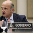 Luis de Guindos  ministro de Economía en funciones durante su comparecencia en la Comision de Economía para hablar del 'caso Soria'.