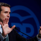 El presidente del PP, Pablo Casado, durante su comparecencia en la sede del partido