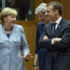 Merkel, May y Macron, ayer en Bruselas. OLIVIER HOSLET