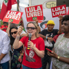 Brazilian Workers Party  PT  president and Parana state senator  Gleisi Hoffmann  speaks to supporters of Brazilian former president  2003-201