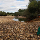 Un agricultor pasea por las piedras por donde debería discurrir el agua del Duerna a su paso por Villalís. FERNANDO OTERO