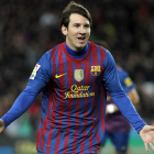 El delantero del Barcelona, Messi, celebra un gol.