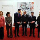 Los presidentes Pedro Sánchez y Quim Torra en Pedralbes, el pasado diciembre, junto a sus colaboradores.