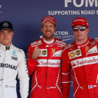 Bottas (3º), Vettel (1º) y Raikkonen (2º), celebran las primeras posiciones en la parrilla del GP de Rusia.