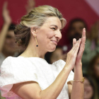 Yolanda Díaz ayer, durante la presentación de su candidatura de Sumar. VÍCTOR LERENA