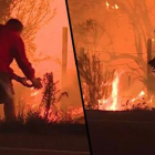 Captura del vídeo en que se ve a un hombre salvando a un conejo de morir en las llamas de los incendios de California.