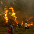 Un grupo de vecinos lucha contra el fuego en la zona de Zamanes, Vigo. SALVADOR SAS