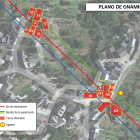 Plano de Onamio don el trazado de la galería de la mina de hierro y las agrupaciones de viviendas afectadas. DL