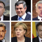 El ex primer ministro de Islandia, Haarde; el ex mandatario británico Gordon Brown; el portugués José Sócrates; el francés Nicolas Sarkozy; la canciller alemana Angela Merkel y el presidente Zapatero.