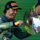 El piloto español Fernando Alonso (Aston Martin) celebra en el podio su tercera plaza en el Gran Premio de Australia de Fórmula Uno en el circuito de Albert Park en Melbourne. SIMON BAKER