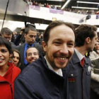 El secretario general de Podemos, Pablo Iglesias, a su llegada al mitin celebrado en el palacio de Congresos de Sevilla, este sábado.