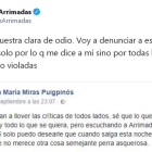 Tuit de Inés Arrimadas en que anuncia que denunciará a la internauta que desea que la violen.
