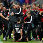 Los jugadores de Albania celebran el 1-0 durante el partido del grupo A en el Stade de Lyon.
