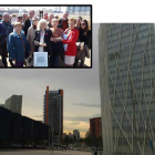 Edificios del Fórum en lo que fue campo de la Bota (abajo). Arriba, homenaje a las fusiladas en el espacio aún sin urbanizar. Las traían de la prisión de Les Corts. GAITERO / AYUNTAMIENTO DE SANT ADRIÁ DE BESÓS