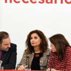 José Luis Ábalos, María Jesús Montero y Adriana Lastra, este lunes en la sede del PSOE.
