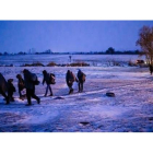 Migrantes y refugiados caminan por un campo cubierto de nieve tras cruzar la frontera de Macedonia con Serbia, cerca de la población de Miratovac, este domingo.