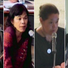 De izquierda a derecha, Mercedes Vallès, esposa de Fèlix Millet; Clara y Laila Millet, hijas del expresidente del Palau, y Mercedes Mir, esposa de Jordi Montull, este lunes, en la Ciutat de la Justícia.