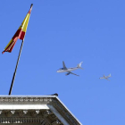 Aaeronaves que compondrán el desfile aéreo del Día de la Fiesta Nacional durante el ensayo que han realizado en el cielo de Madrid.