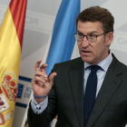 El presidente de la Xunta, Alberto Núñez Feijóo, durante la la rueda de prensa ofrecida hoy para informar de los acuerdos tomados en la sesión semanal de su equipo de gobierno.