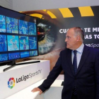 El presidente de LaLiga, Javier Tebas, en un estudio de la nueva plataforma televisiva.