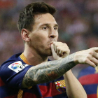 Messi celebra el segundo gol marcado al Atlético y se lo dedica a su segunda criatura
