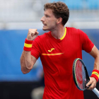 Pablo Carreño celebra el pase a cuartos tras ganar a Dominick Koepfer. RONCORONI