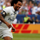 El jugador Marcelo del Real Madrid celebra la anotación de un gol ante el Chelsea.