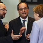 Martin Schulz, François Hollande y Angela Merkel, el pasado 25 de junio en Bruselas.
