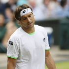 El tenista español David Ferrer se lamenta durante el partido de cuartos de final del torneo de tenis de Wimbledon que disputó contra el argentino Juan Martín del Potro.