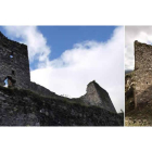 Las dos torres del castillo de Sarracín que amenazan con desplomarse. Derecha, voluntarios de Promonumenta limpiando esta fortificación.