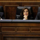 El exministro García-Margallo, la exvicepresidenta del Gobierno Soraya Sáenz de Santamaría y el expresidente Mariano Rajoy en el Pleno del Congreso de los Diputados.
