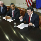 Herman Van Rompuy, junto a Barack Obama y José Manuel Durao Barroso, en la Casa Blanca.