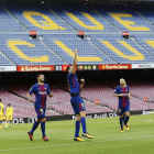 Sergio Busquets celebra su gol ante las Palmas en el partido de la séptima jornada de Liga. A. GARCÍA