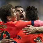 Messi, a la izquierda, celebra con Neymar y Rafinha, en el centro, el gol marcado ante el Espanyol, el segundo de su equipo
