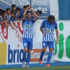 Figueroa celebra el gol que anotó con la Deportiva ante el Coruxo en El Toralín. ANA F. BARREDO