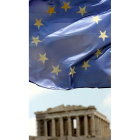 Imagen de archivo de la bandera de la Unión Europea con el Partenón al fondo.