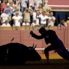 Un torero da el "golpe de gracia" a un toro durante una corrida de toros en la plaza de toros de la Maestranza de Sevilla