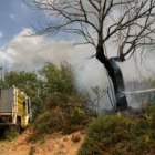 Un operario de una motobomba sofoca las llamas en un castaño en Turienzo Castañero